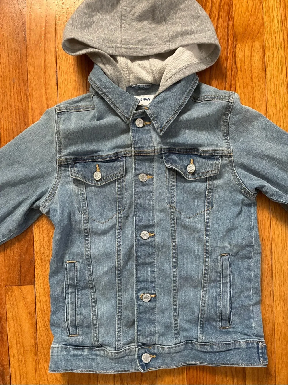 Old Navy Blue Light Wash Denim Button Jacket Gray Fleece Hood Kids XL 14/16